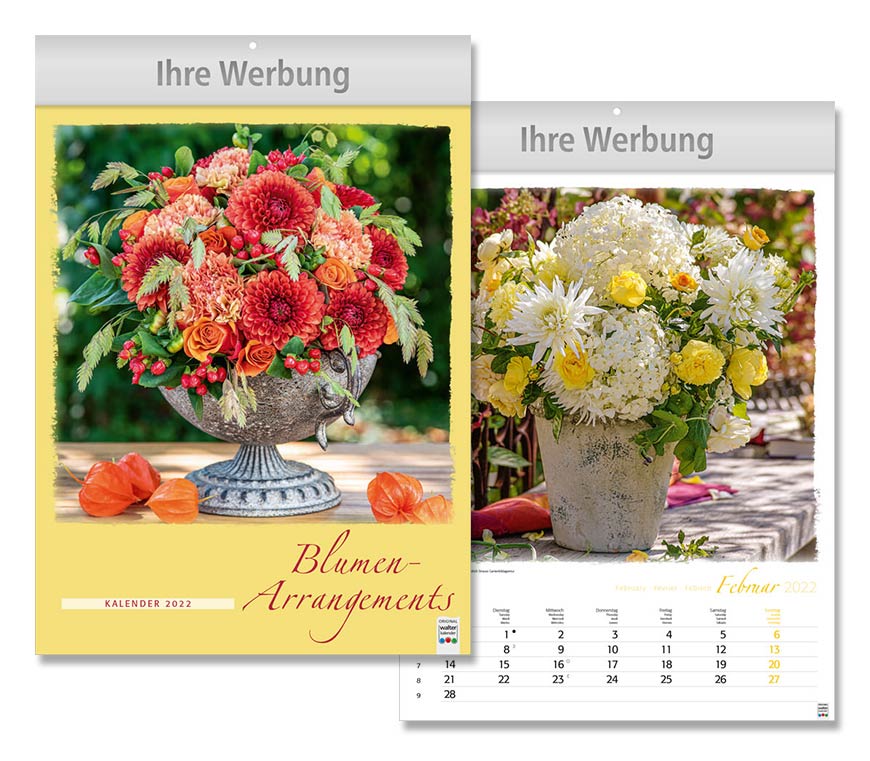 Bildkalender "Blumen-Arrangements" 2022 im Kleinformat mit farbenprächtigen Blumensträußen bei Schuler Werbegeschenke