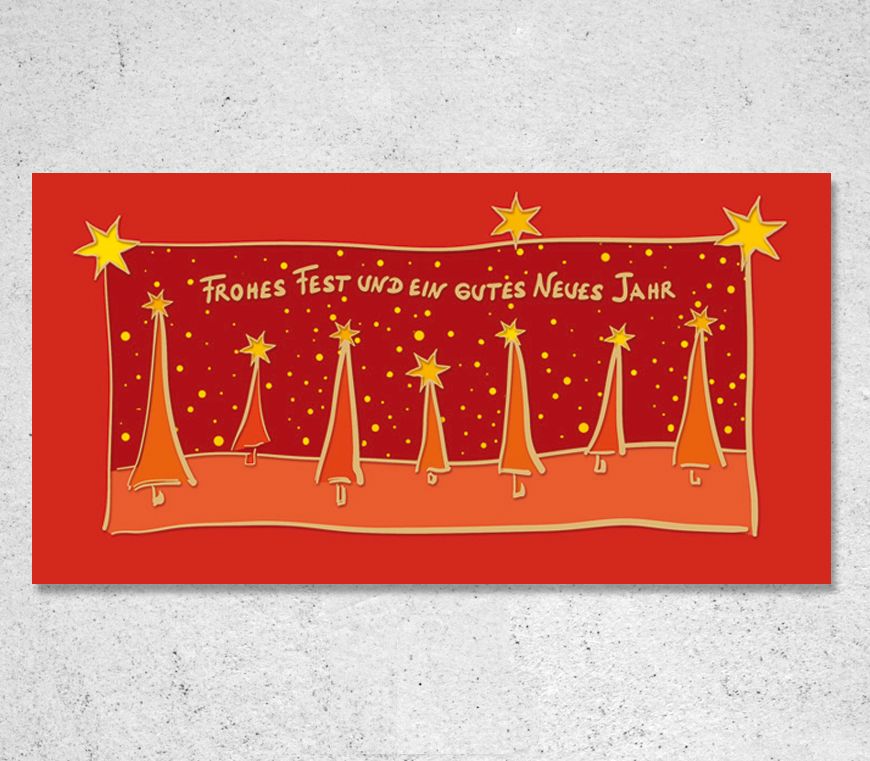 Aufklappbare Weihnachtskarte "Sternenzauber" im Querformat in rot/orange bei Schuler Werbemittel