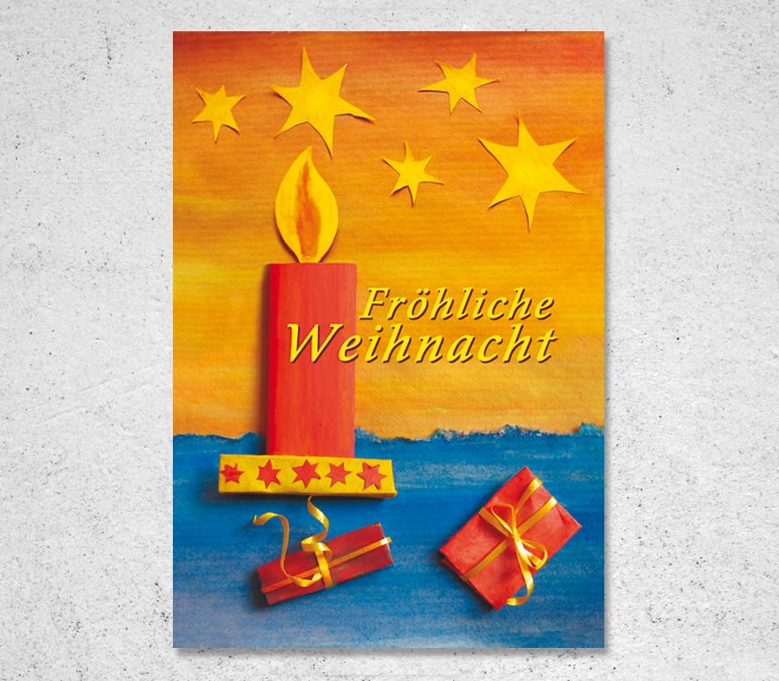 Weihnachtskarte "Oh du Fröhliche" mit Sternen, Geschenken und Kerze als Motiv bei Schuler Werbemittel