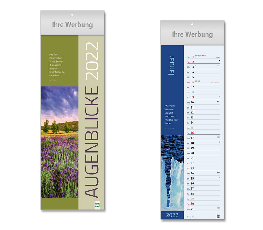 Streifenkalender AUGENBLICKE 2022 mit stimmungsvollen Natur- und Landschaftsbildern bei Schuler Werbekalender