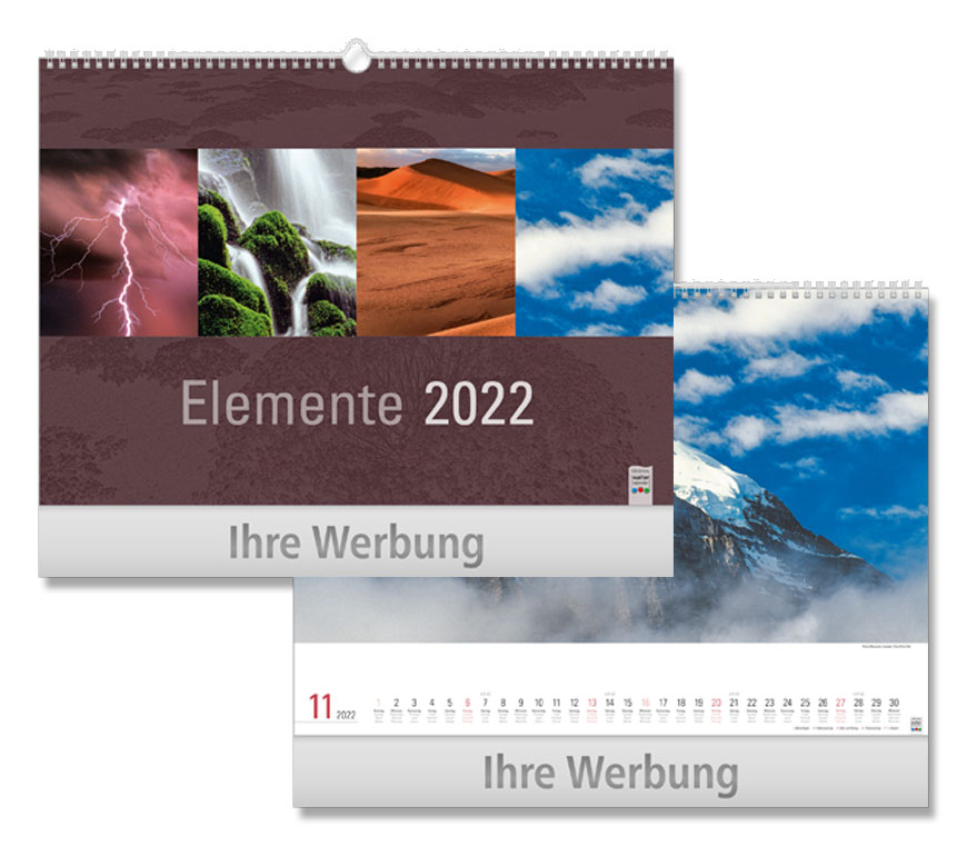Bildkalender "Elemente" 2022 im Querformat mit Aufnahmen der vier Elemente bei Schuler Werbekalender