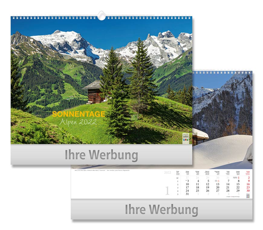 Bildkalender "Sonnentage Alpen" 2022 im Querformat und Spiralbindung mit Bildern unvergesslicher Alpenwanderungen bei Schuler Werbekalender