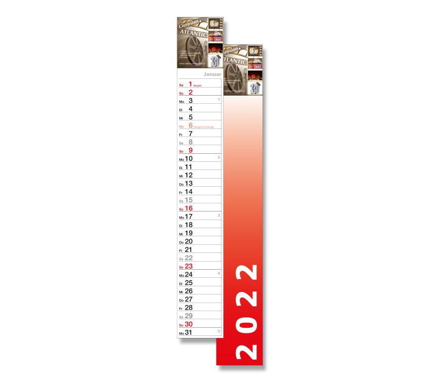Streifenkalender "Long" 2022 mit deutschem Kalendarium und beigelegter Datumsklammer bei Schuler Werbeartikel