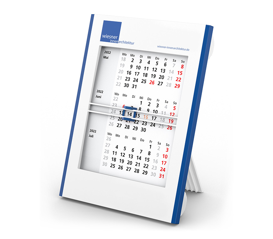 Tischkalender "Roll-Up 3" für 2022 in weiß/blau oder schwarz/rot bei Schuler Werbemittel