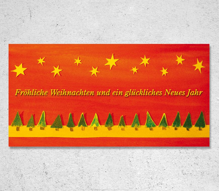 Klappkarte "Weihnachtsallee" mit grünen Bäumchen und gelben Sternen bei Schuler Werbemittel
