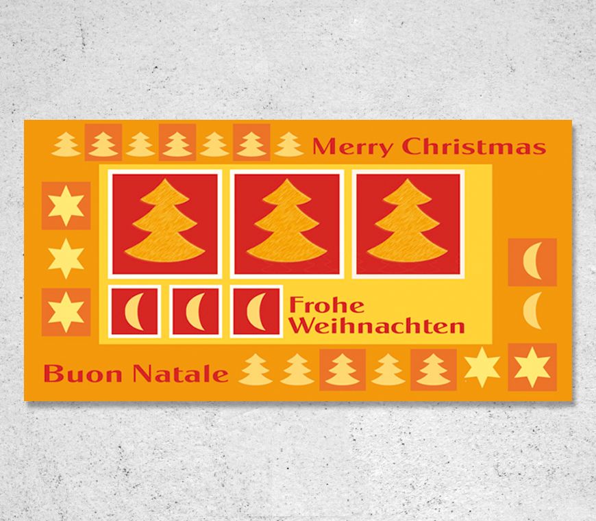 Weihnachtskarte "Goldener Schein" mit Weihnachtswünschen in drei Sprachen bei Schuler Werbemittel