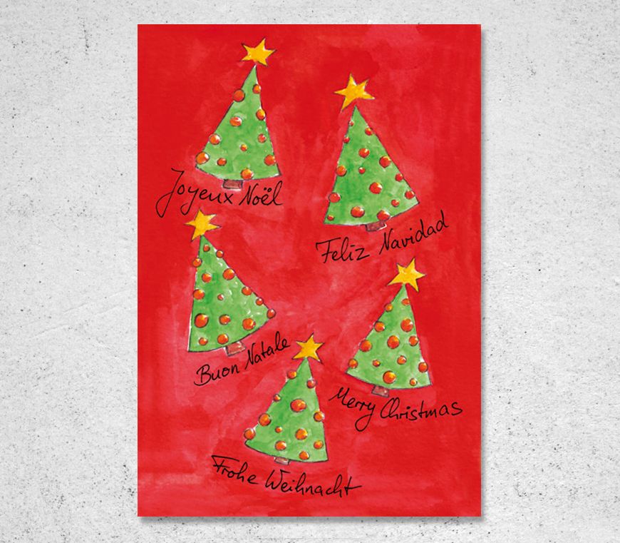 Karte "Tanzende Weihnachtsbäume" im Hochformat mit mehrsprachigen Weihnachtswünschen bei Schuler Werbemittel