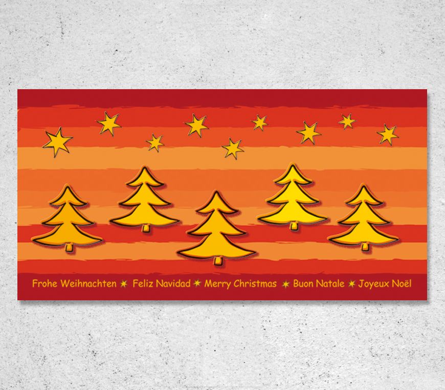 Weihnachtskarte "Sternenpracht" im Querformat in rot/gelb/orange bei Schuler Werbemittel