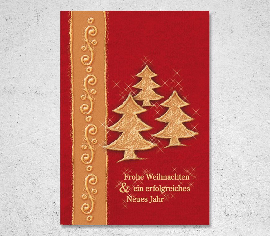 Weihnachtskarte "Golden Trees" in rot mit goldenen Tannenbäumen zum Aufklappen bei Schuler Werbemittel