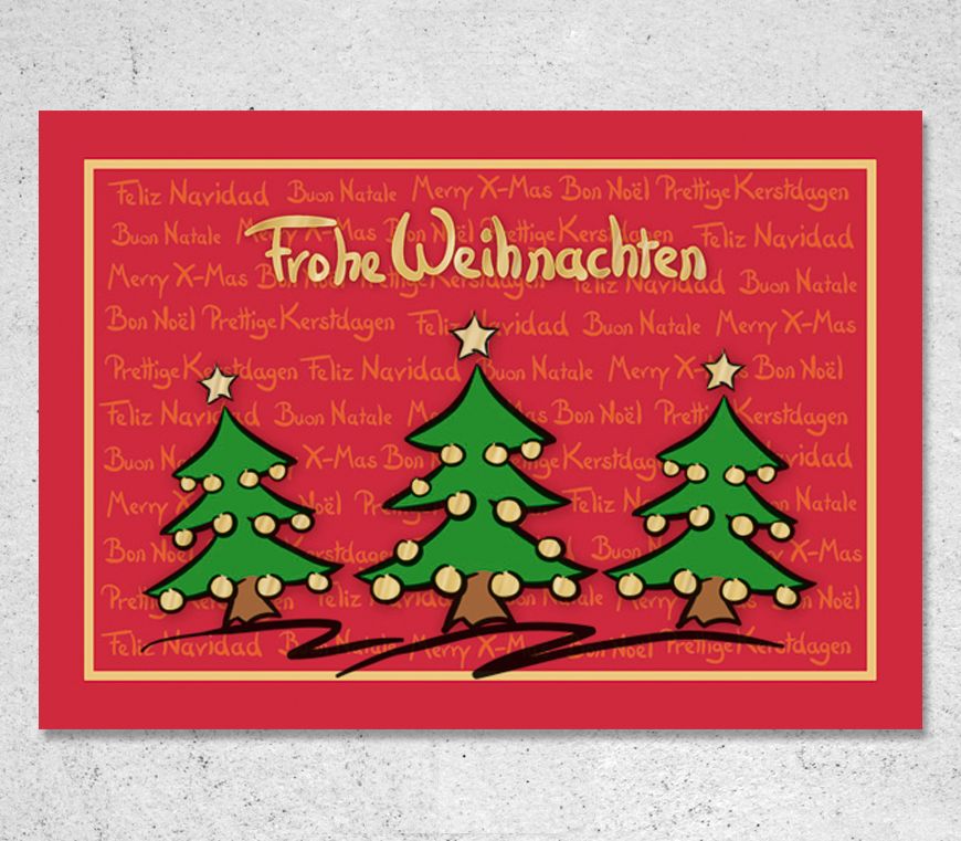 Aufklappbare Weihnachtskarte "Besinnliche Stille" im Querformat mit grünen Tannenbäumen bei Schuler Werbemittel
