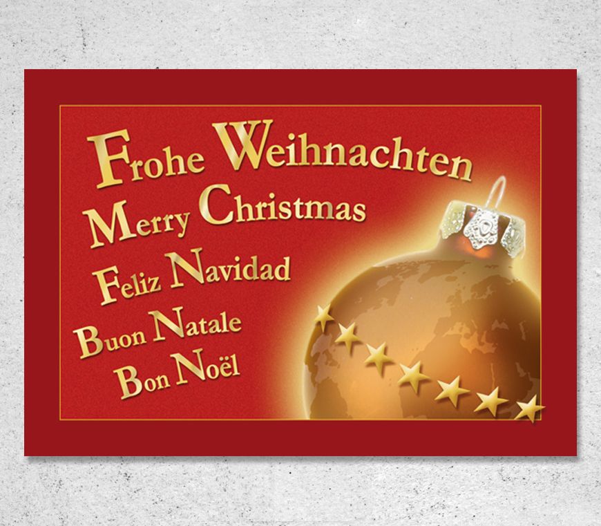 Weihnachtskarte "Weltkugel" im Querformat mit sechsprachigen Weihnachtswünschen bei Schuler Werbemittel