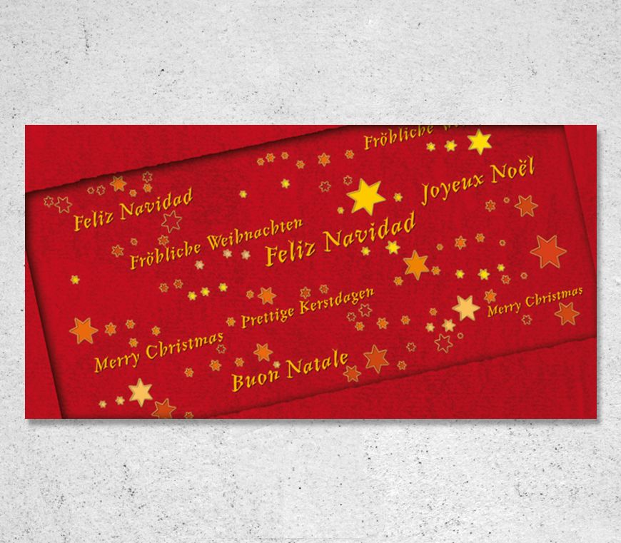 Weihnachtskarte "Xmas Time" mit rotem Hintergrund und gelber Schrift bei Schuler Werbemittel