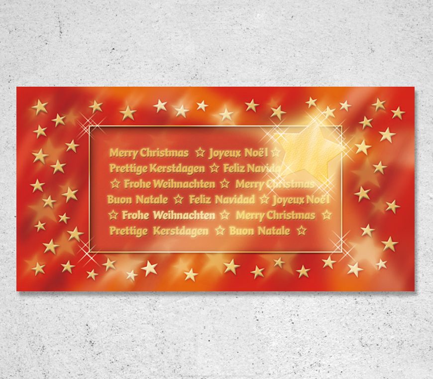 Klappkarte "Sternenglitzer" mit Weihnachtswünschen in verschiedenen Sprachen bei Schuler Werbemittel