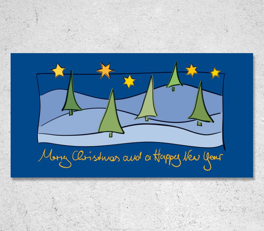 Weihnachtskarte "Sterne am Himmel" in aufklappbarem Querformat bei Schuler Werbemittel