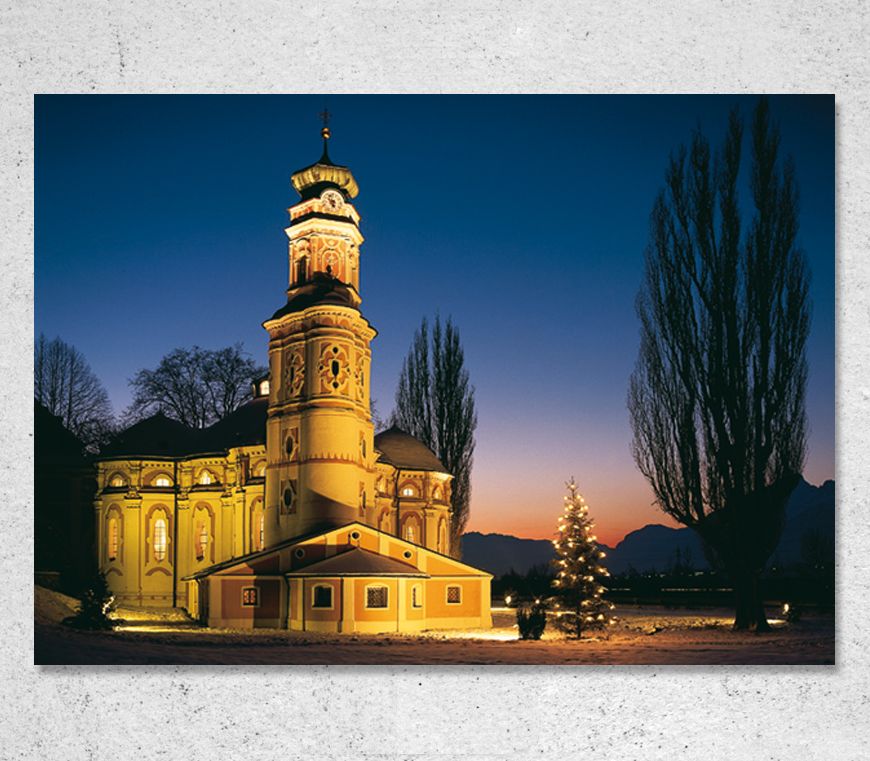 Weihnachtskarte "Karlskirche Tirol" im Querformat mit Foto bei Schuler Werbeartikel