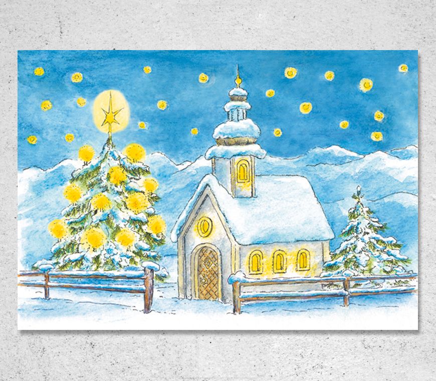 Karte "Winterkapelle" im Querformat mit gemaltem Motiv bei Schuler Werbeartikel
