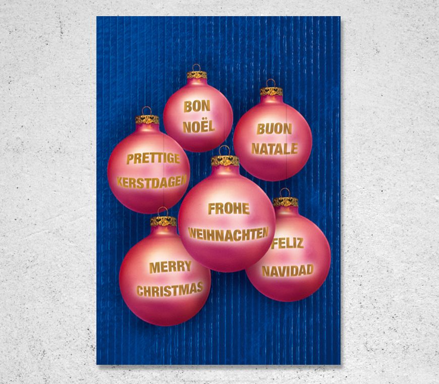 Klappkarte "Weihnachtskugeln" mit rosa Kugeln auf blauem Hintergrund bei Schuler Werbeartikel