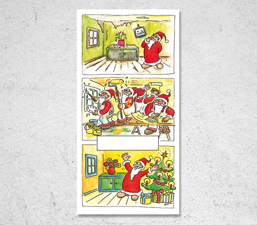 Weihnachtskarte "Die tollen Maler" als Branchenkarte mit Cartoon-Motiv bei Schuler Werbepräsente