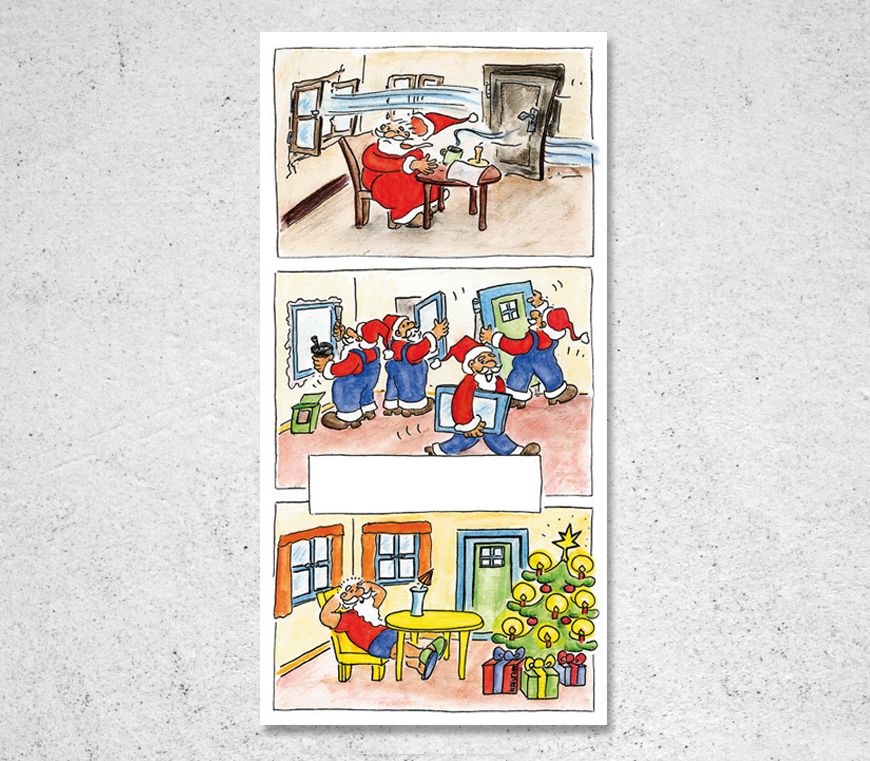 Weihnachtskarte "Schöne Fenster und Türen" zum Aufklappen mit Cartoon-Motiv bei Schuler Werbepräsente