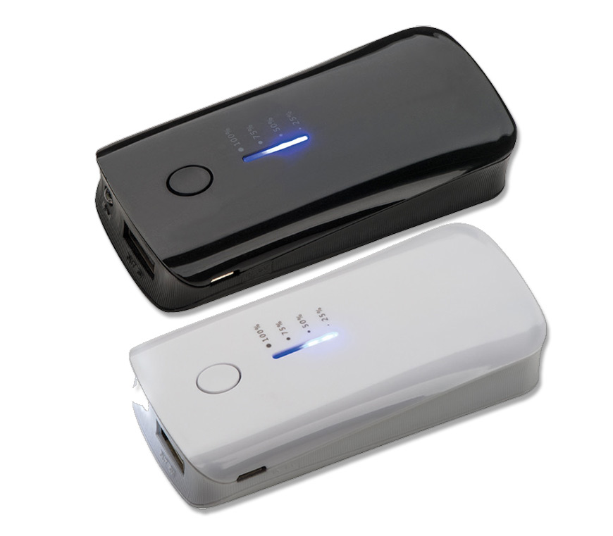 POWERBANK KU-2 mit länglicher Ladeanzeige und USB-Anschluss zur Handy-Akkuaufladung bei Schuler Werbegeschenke