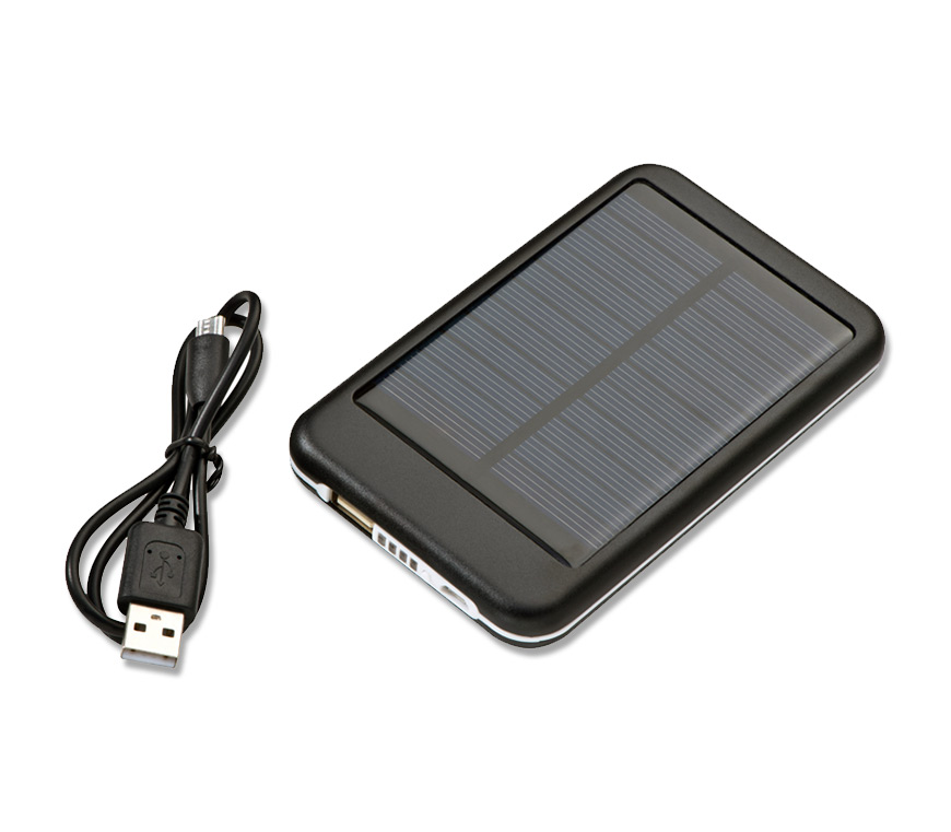SOLAR POWERBANK Metall zum Aufladen von Handy/Smartphone oder Tablet auch unterwegs und ohne Steckdose bei Schuler Werbegeschenke