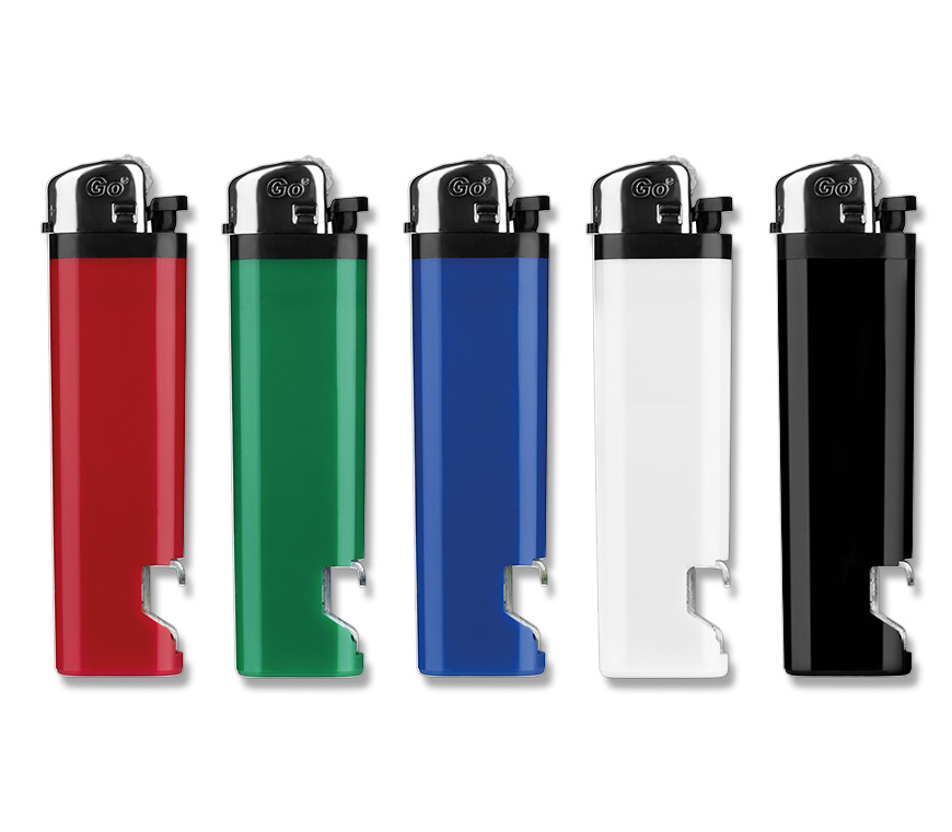 Werbefeuerzeug "Flaschenöffner" in 5 verschiedenen Farben mit Reibrad-Zündung bei Schuler Werbeartikel