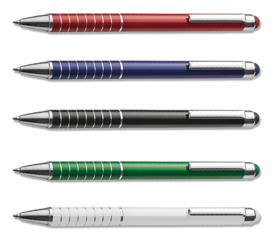 Druckkugelschreiber "Touch Pen Metall" mit Touch-Funktion und silberfarbenen Zierringen bei Schuler Werbemittel