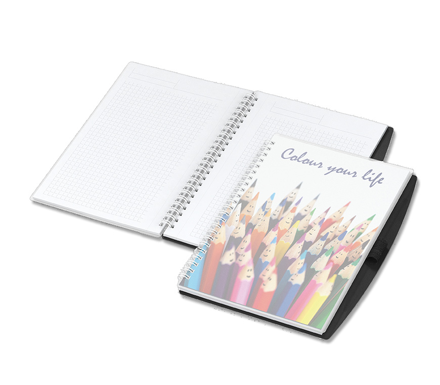 Notizbuch "Pen-Book" mit schwarzer Polyprop-Rückwand und Stiftschlaufe bei Schuler Werbepräsente 