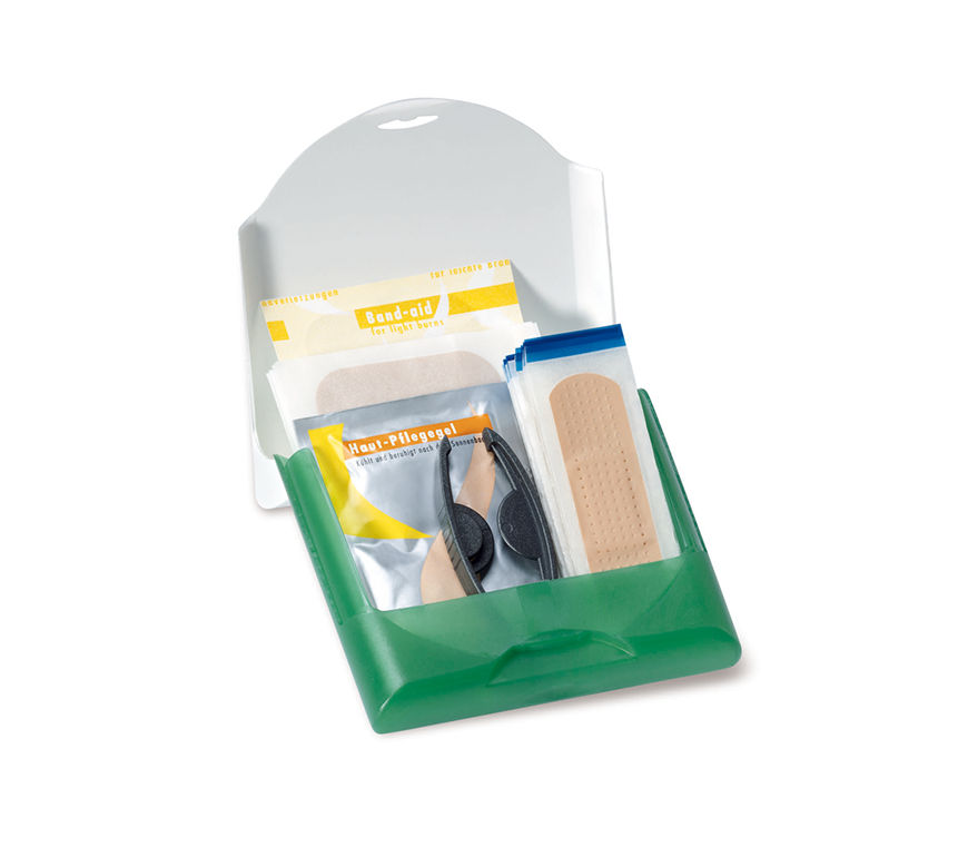 "Erste-Hilfe-Set" in Kunststoff-Box befüllt mit diversen Hilfsmitteln bei kleinen Verletzungen bei Schuler Werbeartikel